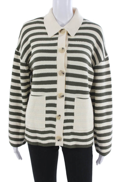 Osis Studio Women Cardigan Striped Collared Green Long Sleeve Size XS