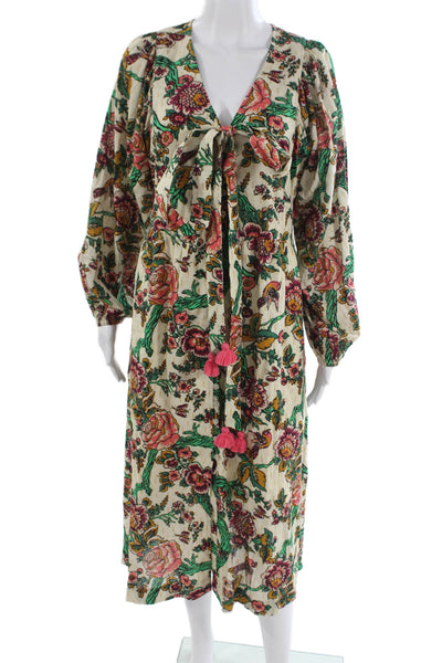 Figue Women Floral Kaftan Dress Beige V Neck Long Sleeve Lurex Size S