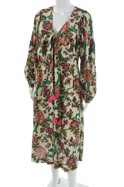 Figue Women Floral Kaftan Dress Beige V Neck Long Sleeve Lurex Size S