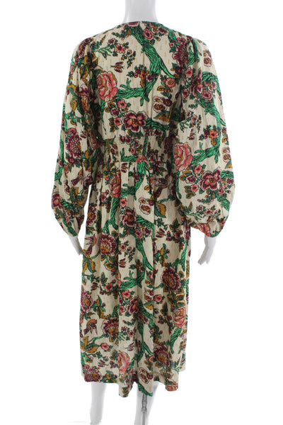 Figue Women Floral Kaftan Dress Beige V Neck Long Sleeve Lurex Size S