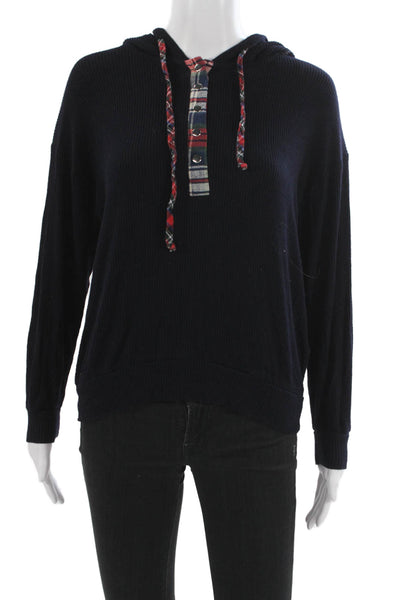 Michael Lauren Women Dark Blue Plaid Henley Hoodie Button Long Sleeve Size XS