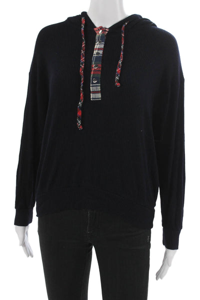 Michael Lauren Women Dark Blue Plaid Henley Hoodie Button Long Sleeve Size XS