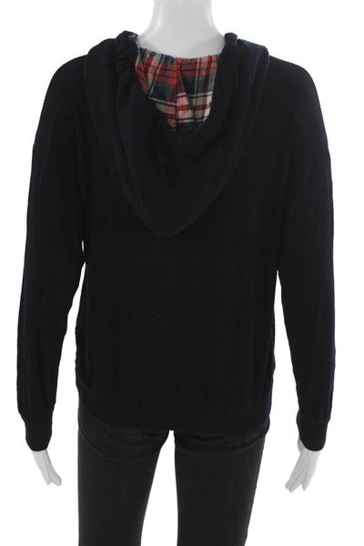Michael Lauren Women Dark Blue Plaid Henley Hoodie Button Long Sleeve Size XS