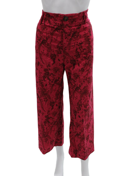 Maeve Anthropologie Womens Cropped Red Floral Pants Button Closure Size 25