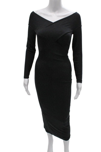 Allsaints Women Bodycon Off Shoulder Long Sleeve Black Mid Calf Dress Size 0