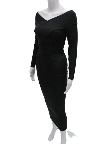 Allsaints Women Bodycon Off Shoulder Long Sleeve Black Mid Calf Dress Size 0