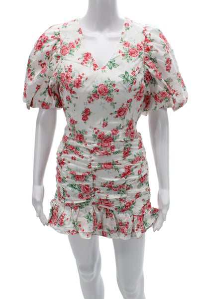 Endless Rose Women Mini Linen V-Neck Floral Zip Short Sleeve Top Size S