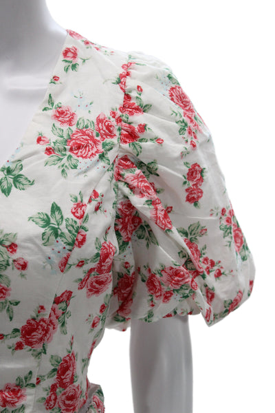 Endless Rose Women Mini Linen V-Neck Floral Zip Short Sleeve Top Size S
