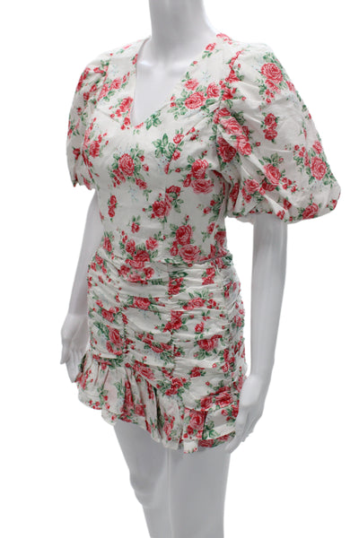 Endless Rose Women Mini Linen V-Neck Floral Zip Short Sleeve Top Size S