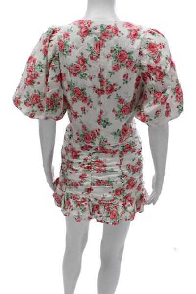 Endless Rose Women Mini Linen V-Neck Floral Zip Short Sleeve Top Size S