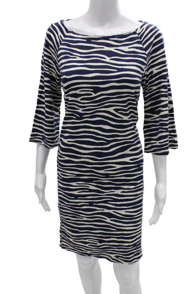 J. Mclaughlin Women Sheath Dress Blue Animal Print Boat Neck 3/4 Sleeve Size M