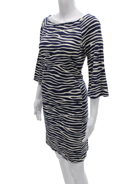 J. Mclaughlin Women Sheath Dress Blue Animal Print Boat Neck 3/4 Sleeve Size M