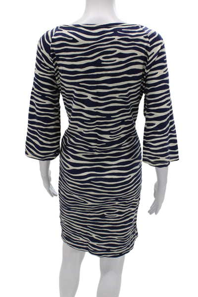J. Mclaughlin Women Sheath Dress Blue Animal Print Boat Neck 3/4 Sleeve Size M