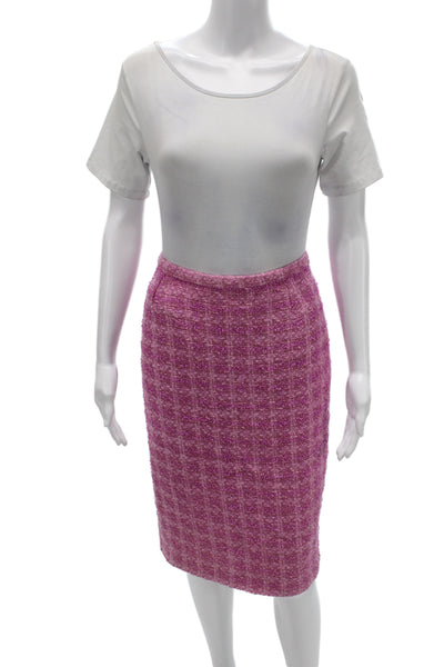Paule Vasseur Women Straight Pencil Silk Check Button Skirt Pink Size 42