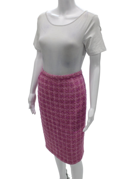 Paule Vasseur Women Straight Pencil Silk Check Button Skirt Pink Size 42