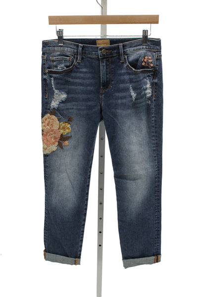 Driftwood Women Boyfriend Cropped Dark Blue Floral Jeans Button Size 28