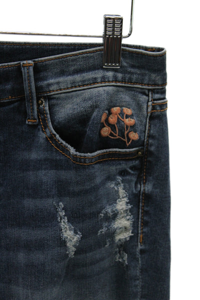 Driftwood Women Boyfriend Cropped Dark Blue Floral Jeans Button Size 28