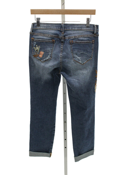 Driftwood Women Boyfriend Cropped Dark Blue Floral Jeans Button Size 28