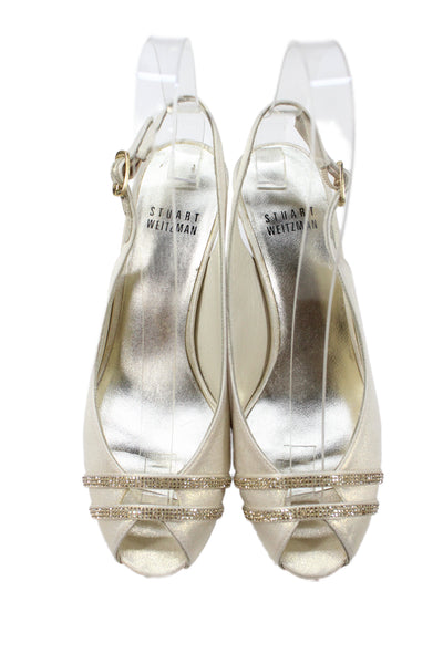 Stuart Weitzman Womens Stiletto Rhinestone Satin Slingback Sandals White Size 5