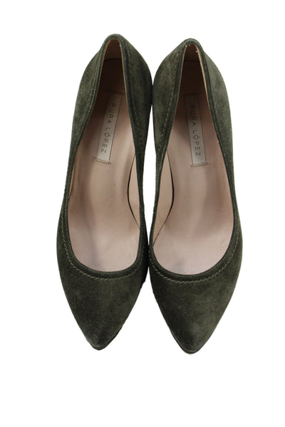 Pura Lopez Womens Block Heel Platform Pointed Toe Suede Pumps Green Size 36.5