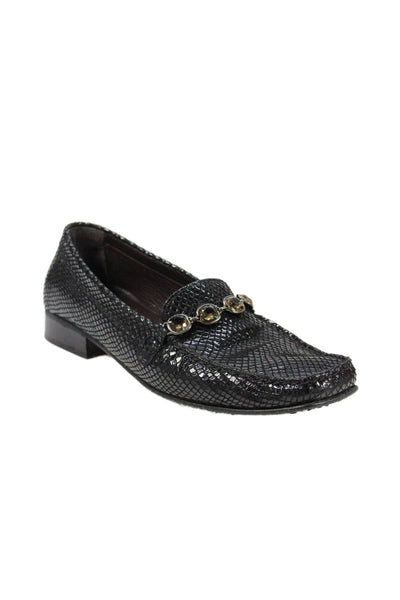 Stuart Weitzman Womens Square Toe Crystal Chain Snake Embossed Loafers Black 9