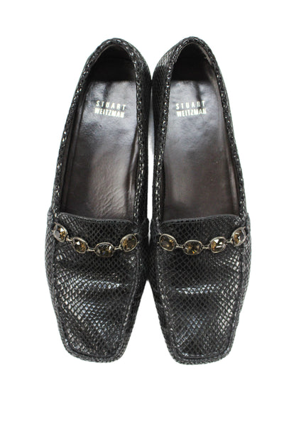 Stuart Weitzman Womens Square Toe Crystal Chain Snake Embossed Loafers Black 9