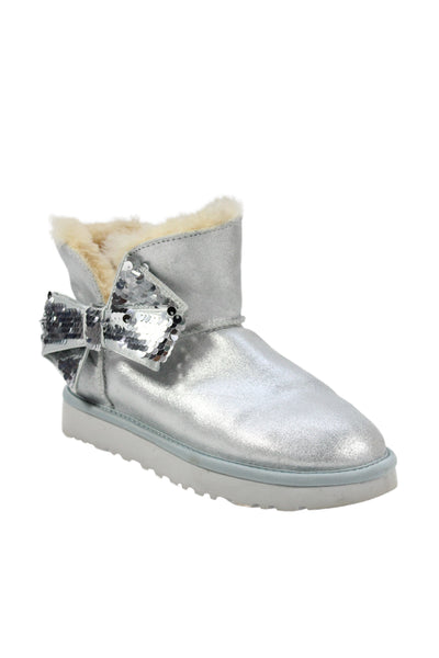 Ugg Womens Shearling Lined Sequin Bow Metallic Boots Blue Leather Size 5