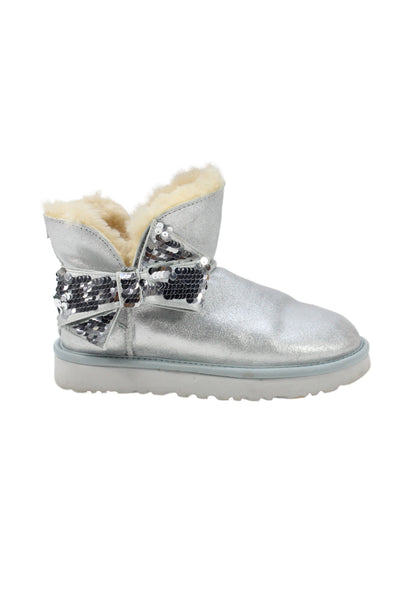 Ugg Womens Shearling Lined Sequin Bow Metallic Boots Blue Leather Size 5