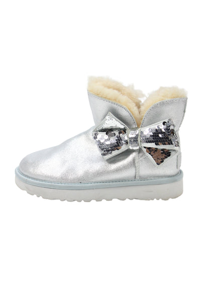Ugg Womens Shearling Lined Sequin Bow Metallic Boots Blue Leather Size 5