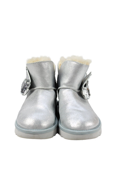 Ugg Womens Shearling Lined Sequin Bow Metallic Boots Blue Leather Size 5