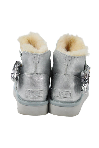 Ugg Womens Shearling Lined Sequin Bow Metallic Boots Blue Leather Size 5
