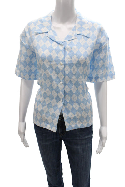 Holiday Womens Light Blue Linen Argyle Button Up Blouse Short Sleeve Size L