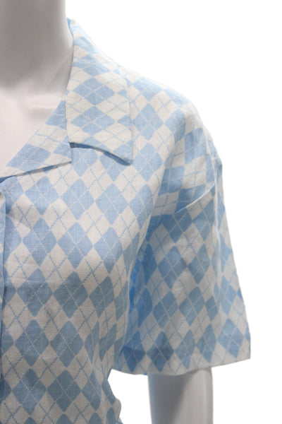 Holiday Womens Light Blue Linen Argyle Button Up Blouse Short Sleeve Size L