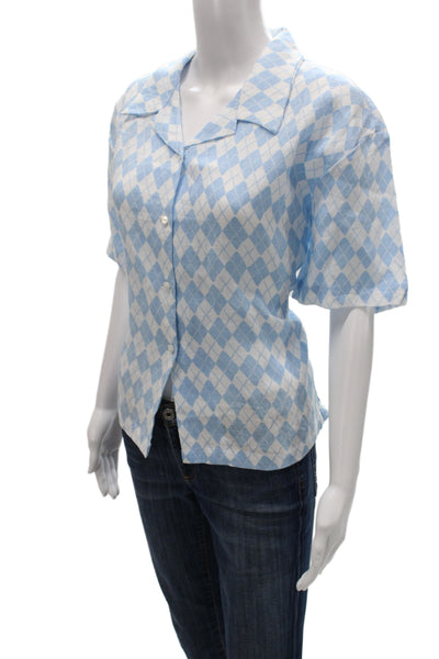 Holiday Womens Light Blue Linen Argyle Button Up Blouse Short Sleeve Size L
