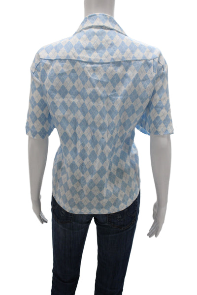 Holiday Womens Light Blue Linen Argyle Button Up Blouse Short Sleeve Size L