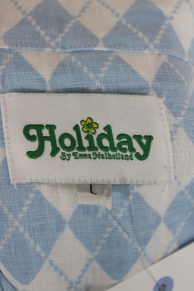 Holiday Womens Light Blue Linen Argyle Button Up Blouse Short Sleeve Size L