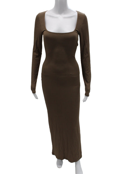 Skims Women Bodycon Maxi Dress Brown Square Neck Long Sleeve Modal Blend Size M