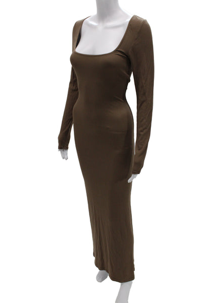 Skims Women Bodycon Maxi Dress Brown Square Neck Long Sleeve Modal Blend Size M