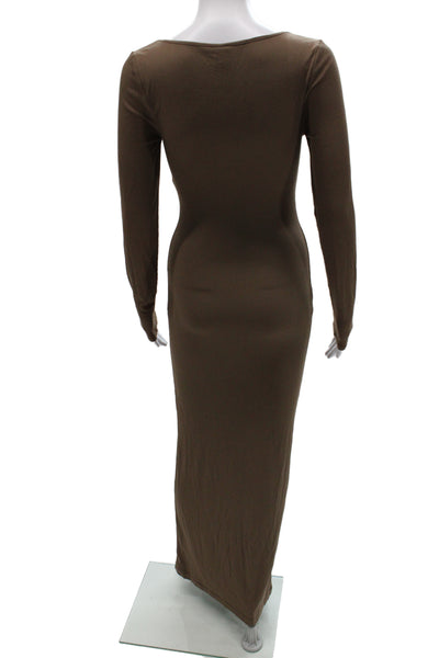 Skims Women Bodycon Maxi Dress Brown Square Neck Long Sleeve Modal Blend Size M