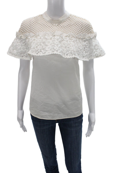Self Portrait Women White Floral High Neck Short Sleeve Blouse Size 6