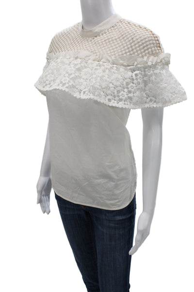 Self Portrait Women White Floral High Neck Short Sleeve Blouse Size 6