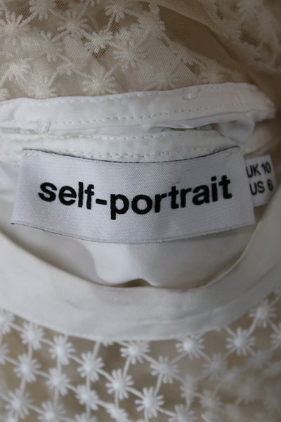 Self Portrait Women White Floral High Neck Short Sleeve Blouse Size 6