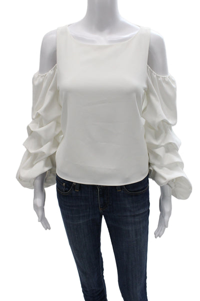 Alice + Olivia Womens White Round Neck Long Sleeve Zip Blouse Size 4