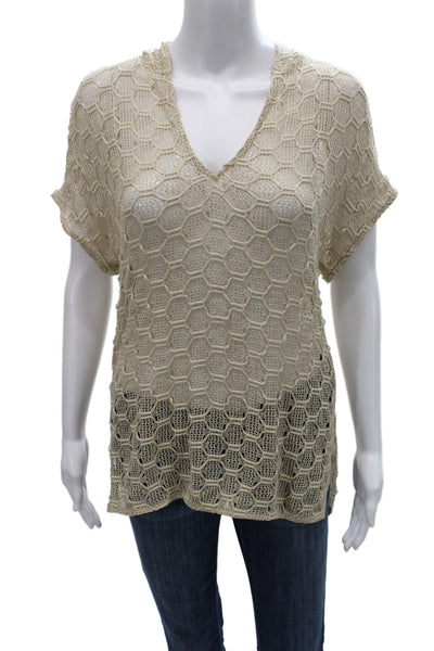 Trina Turk Women Geometric V Neck Short Sleeve Tunic Beige Size S