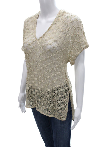 Trina Turk Women Geometric V Neck Short Sleeve Tunic Beige Size S