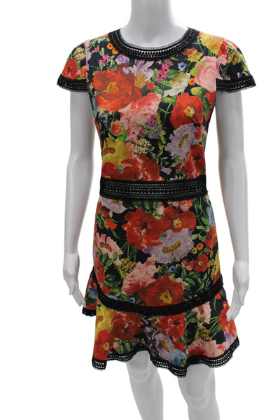 Alice + Olivia Womens Fit & Flare Dress Multicolor Cotton Crew Neck Size 6