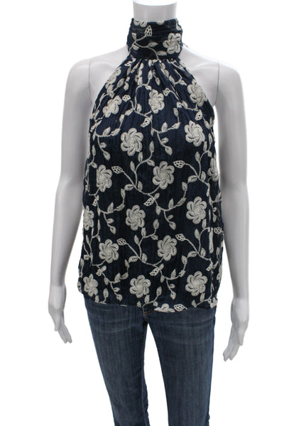 Ramy Brook Women Dark Blue Floral High Neck Sleeveless Blouse Polyester Size 2XS