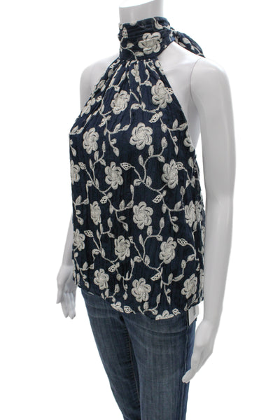 Ramy Brook Women Dark Blue Floral High Neck Sleeveless Blouse Polyester Size 2XS