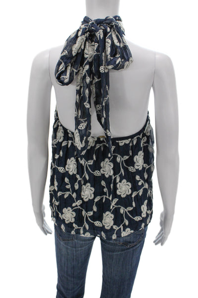 Ramy Brook Women Dark Blue Floral High Neck Sleeveless Blouse Polyester Size 2XS