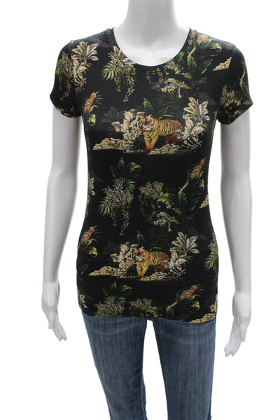 L'Agence Womens Petite Jersey Animal Print Black Short Sleeve T-Shirt Size S